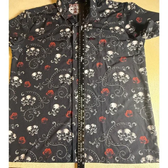 Retro Rifle Skull Rose Graphic Short Sleeve Button Up Shirt 2XL-974 - Picture 8 of 8
